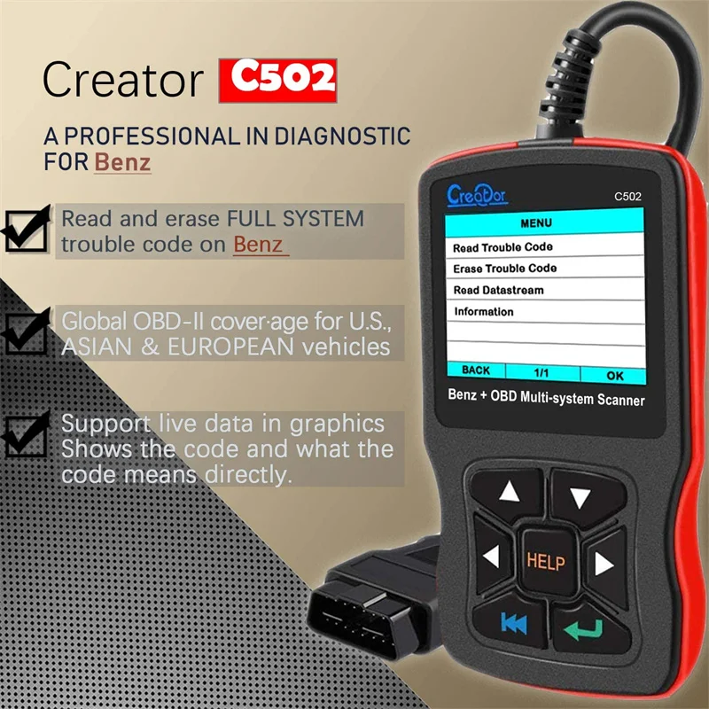 Creator C502 Automotive EOBD OBD2 Scanner Read Erase Code Reader ABS SRS Transmission Full System Professional Diagnostic Tool