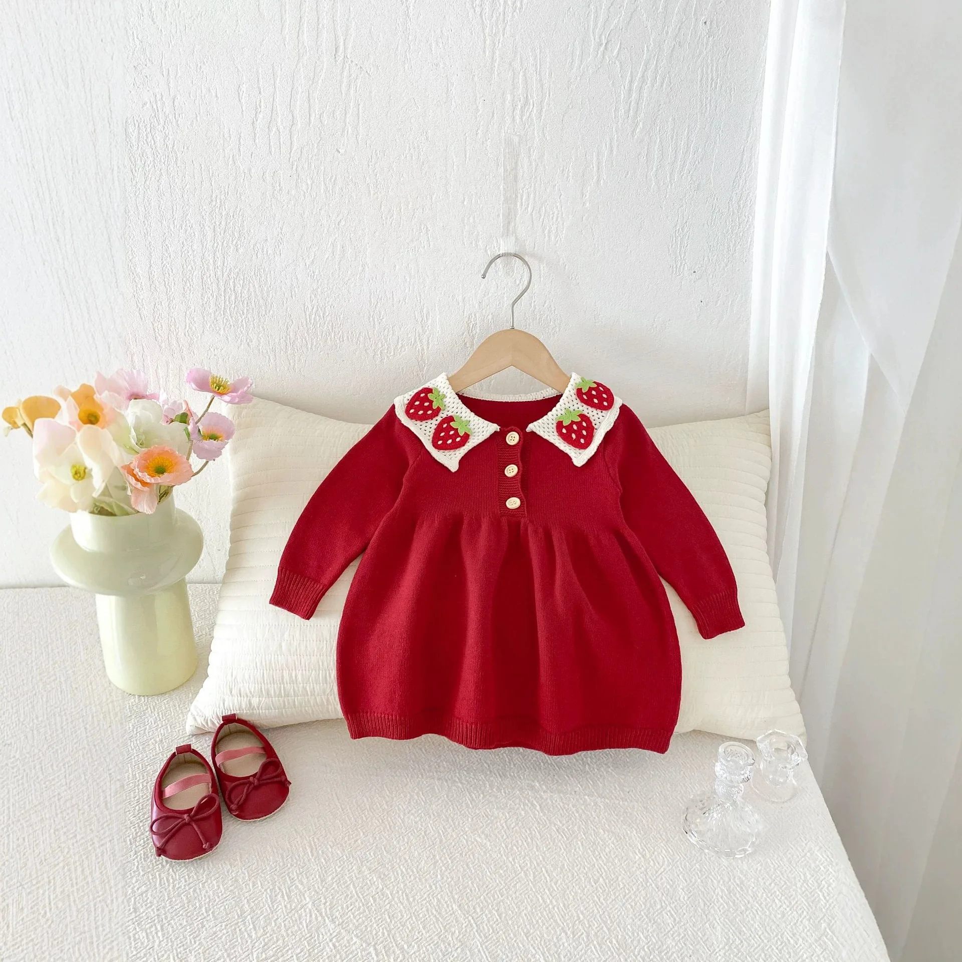 2026 New Girls Red Strawberry Knit Dress | Toddler Baby Princess Party Gown Kids Fall Winter Birthday Dress Long Sleeve Dress