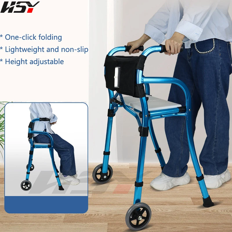 Foldable Walker with Wheels and Seat Aluminum Alloy Disabled Walker Four-Corner Crutch Rehabilitation Elderly Walking Aid