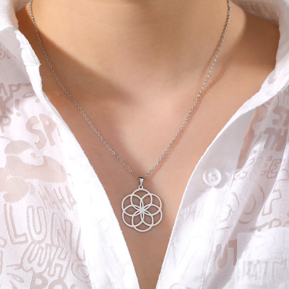 Lucktune Viking Flower of Life Pendant Necklace Stainless Steel Vintage Sacred Mandala Chain Necklace Women Aesthetic Jewelry