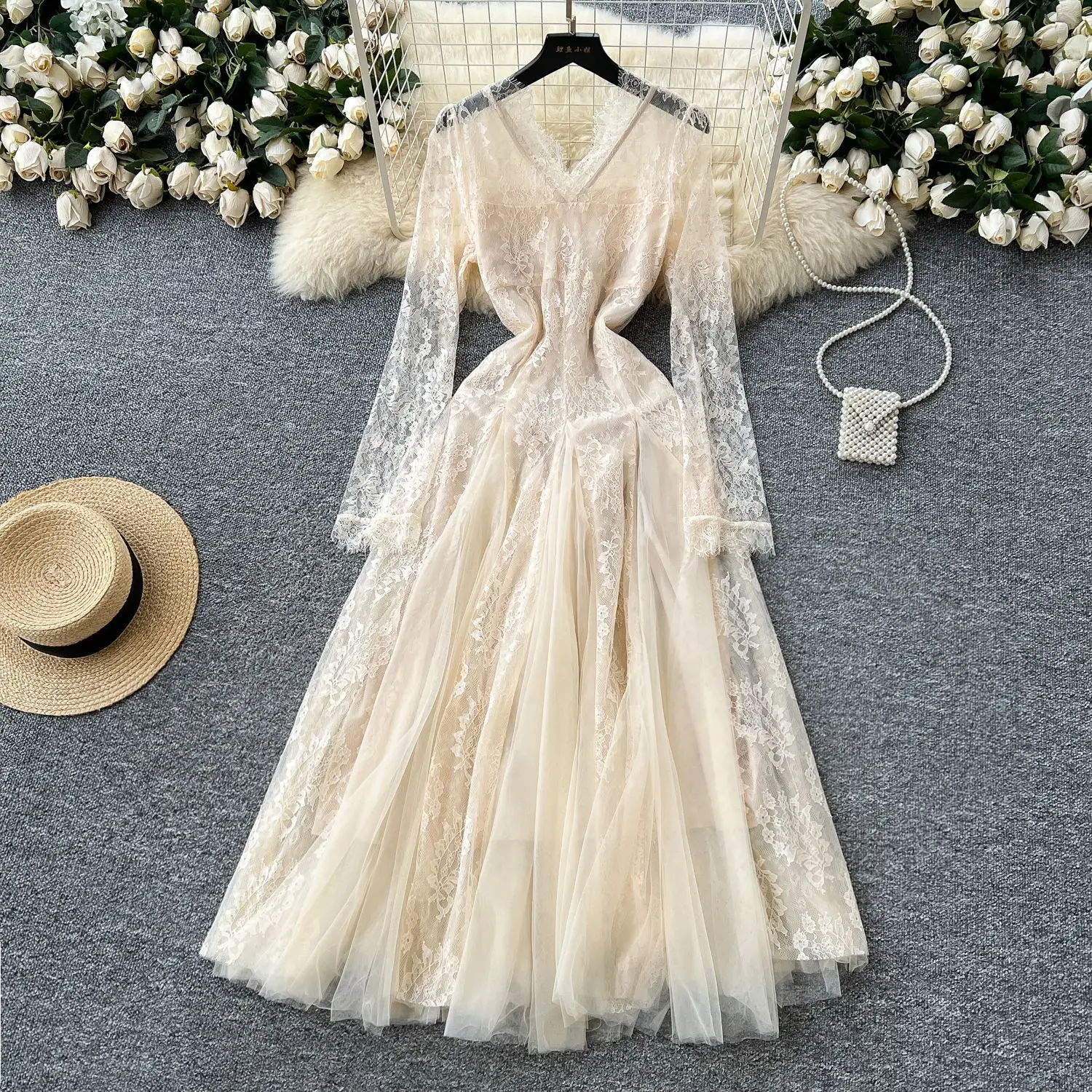 

Long Dress Women Dresses A Line Vestidos V Neck Full Sleeve High Waist Elegant Splice Y2k Streetwear Party Night Work 2025