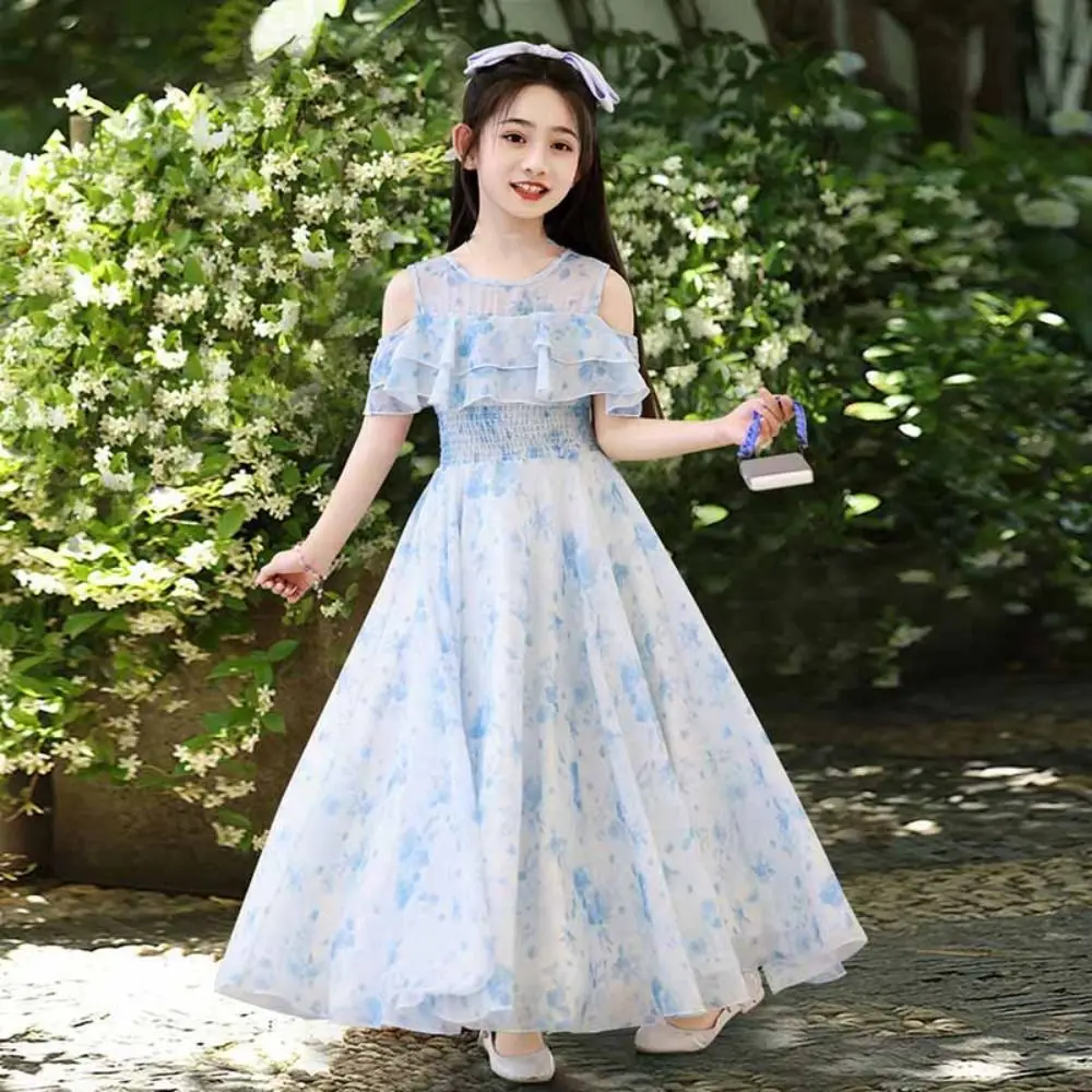 

Loose Girls Chiffon Floral Dress Pleated Party Summer Kids Dresses Beach Vacation Teenagers Children Princess Dress Students