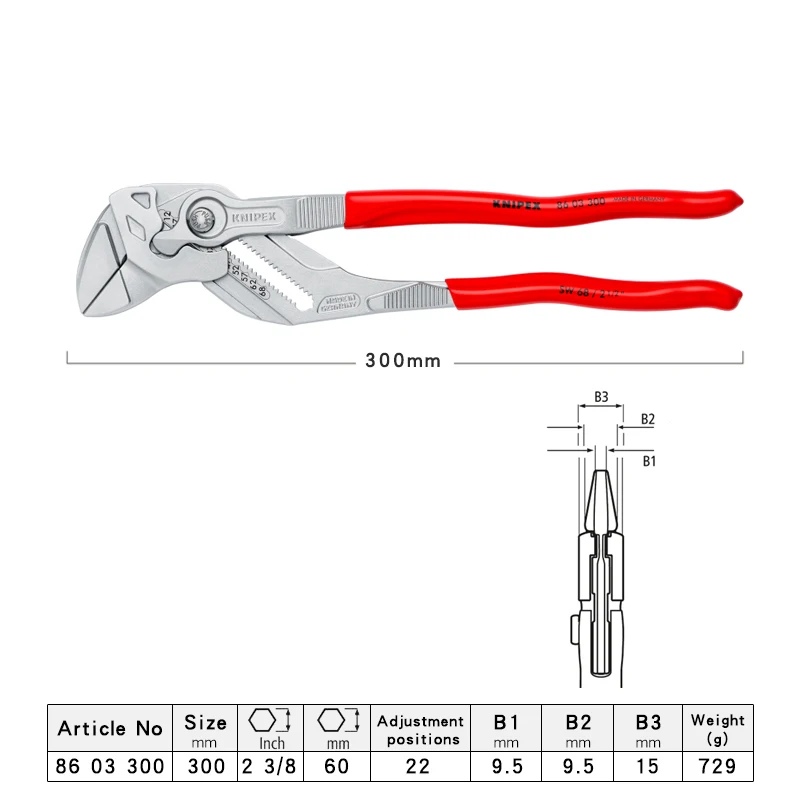 KNIPEX 8603300 Pliers Wrench 2-In-1 Pliers and Wrench 300mm Lightweight and Convenient Adjustable