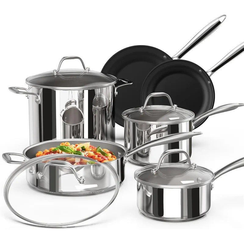 Stainless Steel Pots and Pans Set 10 Piece, Kitchen Cookware Set with Nonstick Frying Pans and Glass Lids