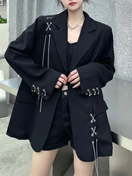 SONNEESD Streetwear Harajuku Style Fashion Neutral Personality Chain Design Coat Vintage Loose Black Stereo Cutting Suit Coat