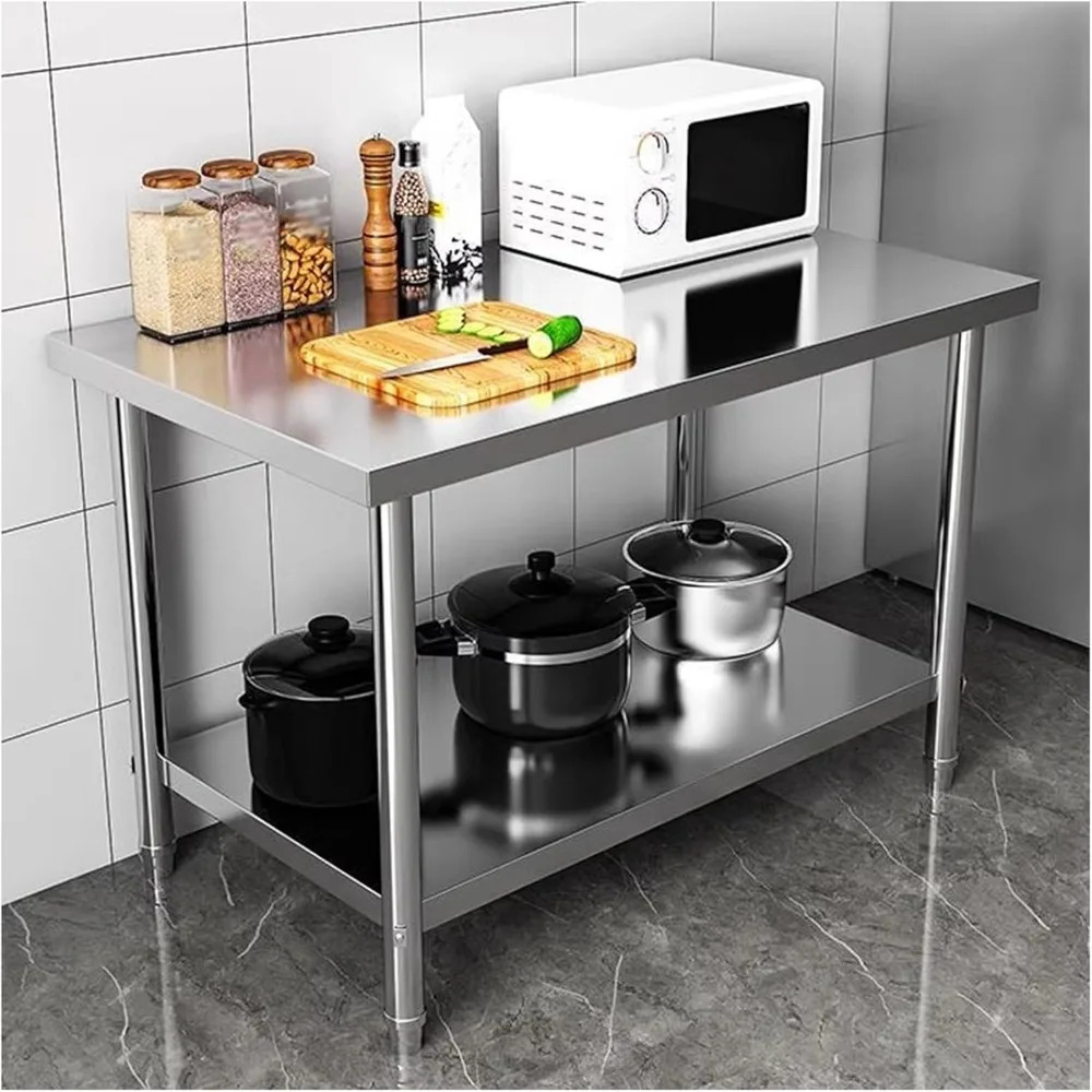 

Double Stainless Steel Workbench Kitchen Preparation Table Sturdy and Stable Commercial Metal Table Open Storage Shelf Large