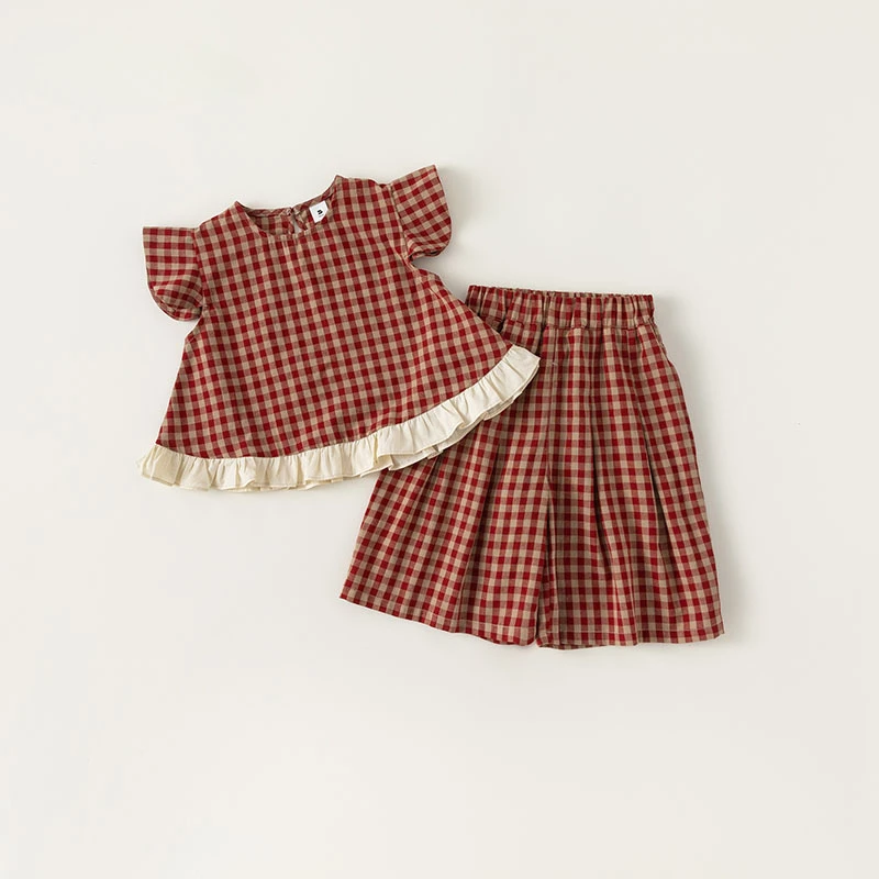 Girl Clothes Sets Summer Countryside Style Red Plaid Cotton Fly Sleeve Laciness Tops Wide Leg Pants 2Pcs Outfits Sets with Pants