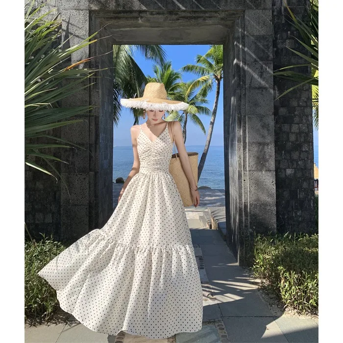 

Ретро-платье с белым принтом в горошек, женское пляжное платье-халат с завязками на талии, длинное летнее платье для отпуска