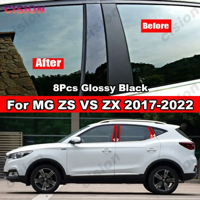 For MG ZS EV ZX ZST VS 2017-2022 Window Door Column BC Pillar Post Cover Trim Glossy Black Carbon Fiber Mirror Effect PC Sticker