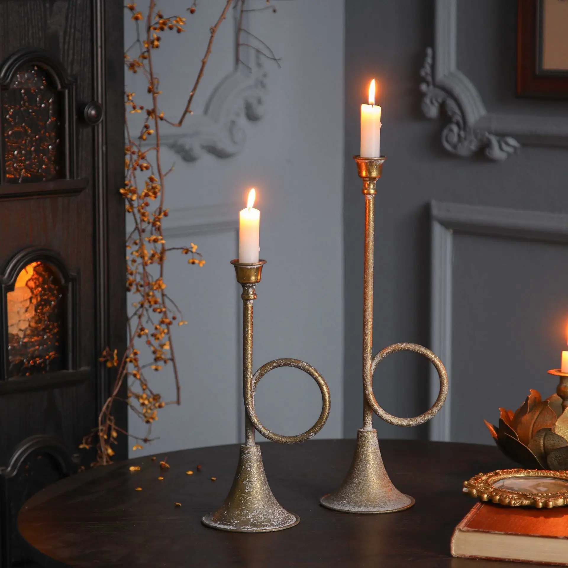Modern Geometric Iron Taper Candle Holder, Antique Gold Sculptural Candlestick Stand, Minimalist Table Centerpiece