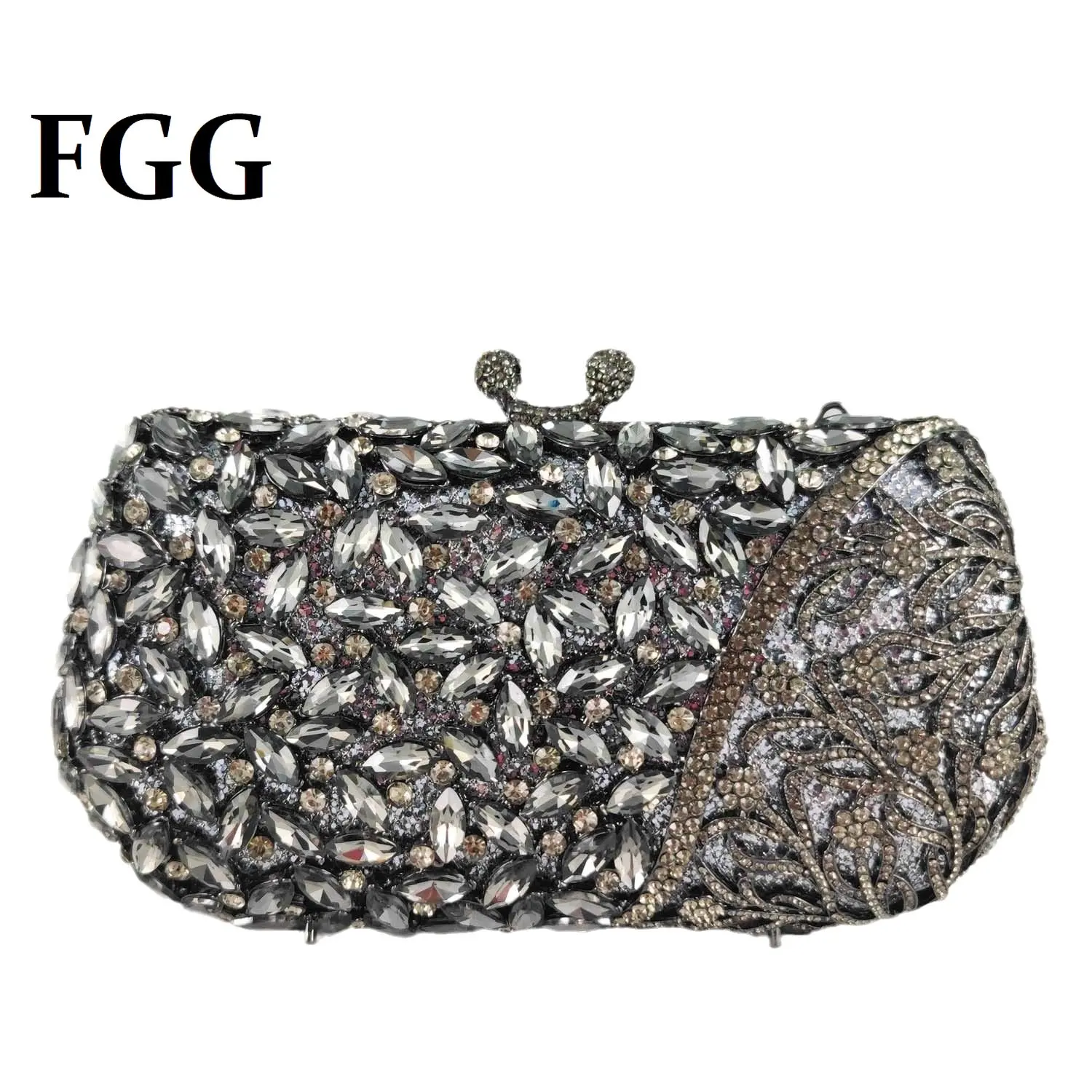 Boutique De FGG Luxury Grey Crystal Evening Bags and Clutches Bridal Wedding Rhinestone Handbags Party Cocltail Purses Bag