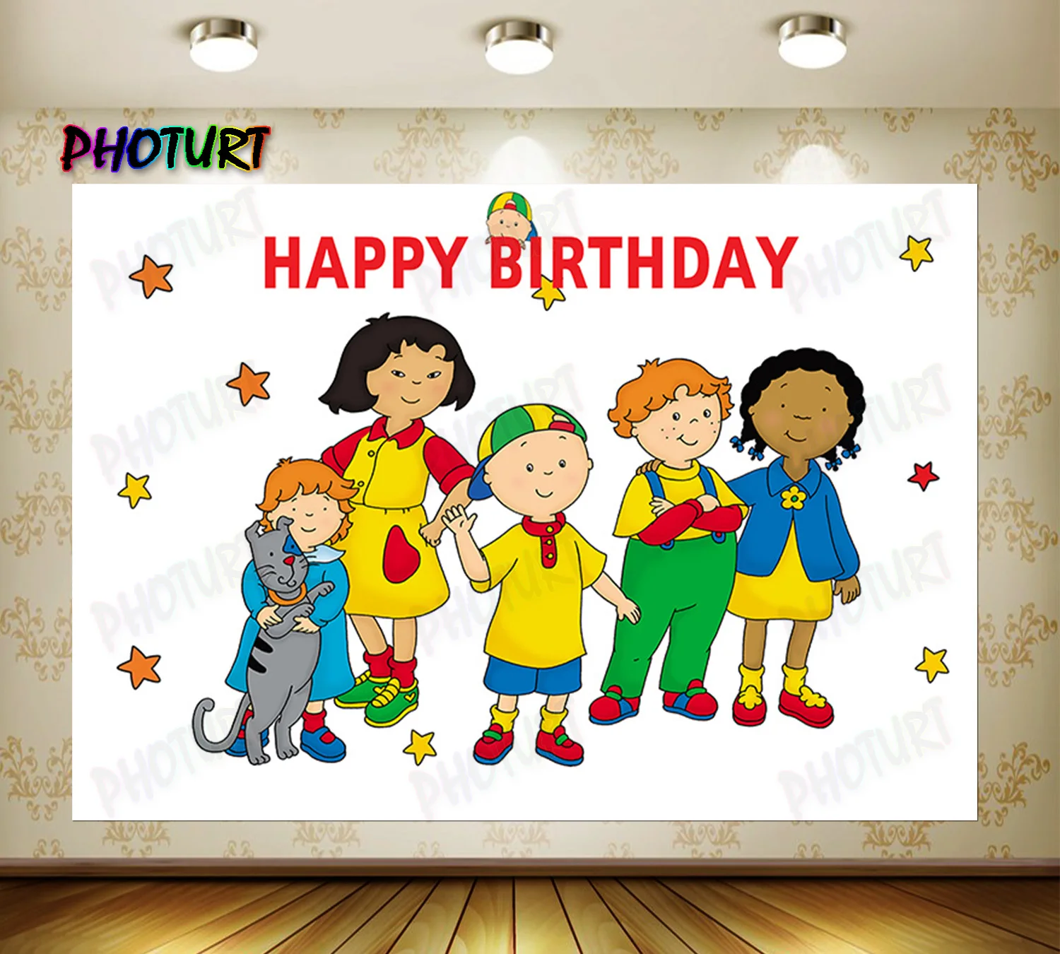 PHOTURT Caillou Boy Backdrop Kids Birthday Banner Blue Stripe Star Photography Background Polyester Vinyl Decoration Props