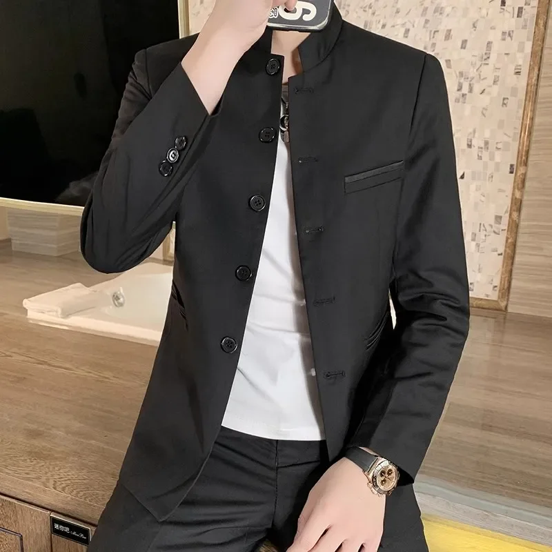 Black Chinese Style Stand Collar Long Sleeve Mens Slim Fit Fashion Blazer Single Breasted Blazers Jacket