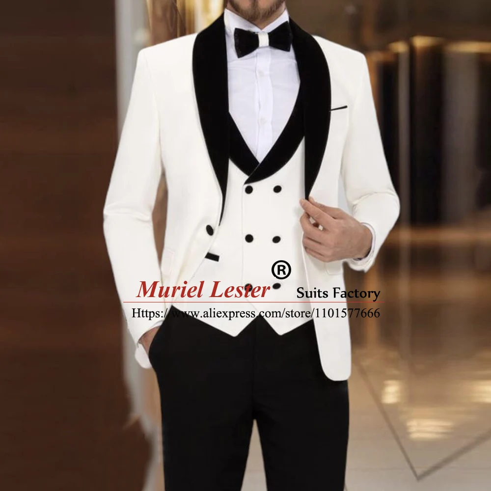 

Formal Suits Men Black Shawl Lapel Ivory Blazer Tailore-Made 3 Pieces Groom Wedding Tuxedo Man Fashion Prom Party Banquet Dress