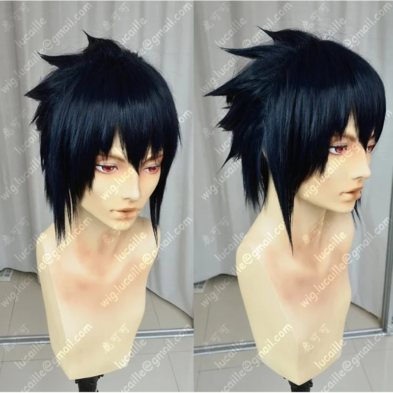 Uchiha Sasuke Short Ink Blue Colour Centre-parted Heat Resistant Hair Cosplay Costume Wig   Free Wig Cap