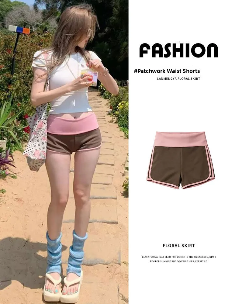 

Sporty High-Waisted Short Pants Women's Summer Thin Yoga Fitness Tight Fit Patchwork Waist American Spicy Girl Butt Covering ...