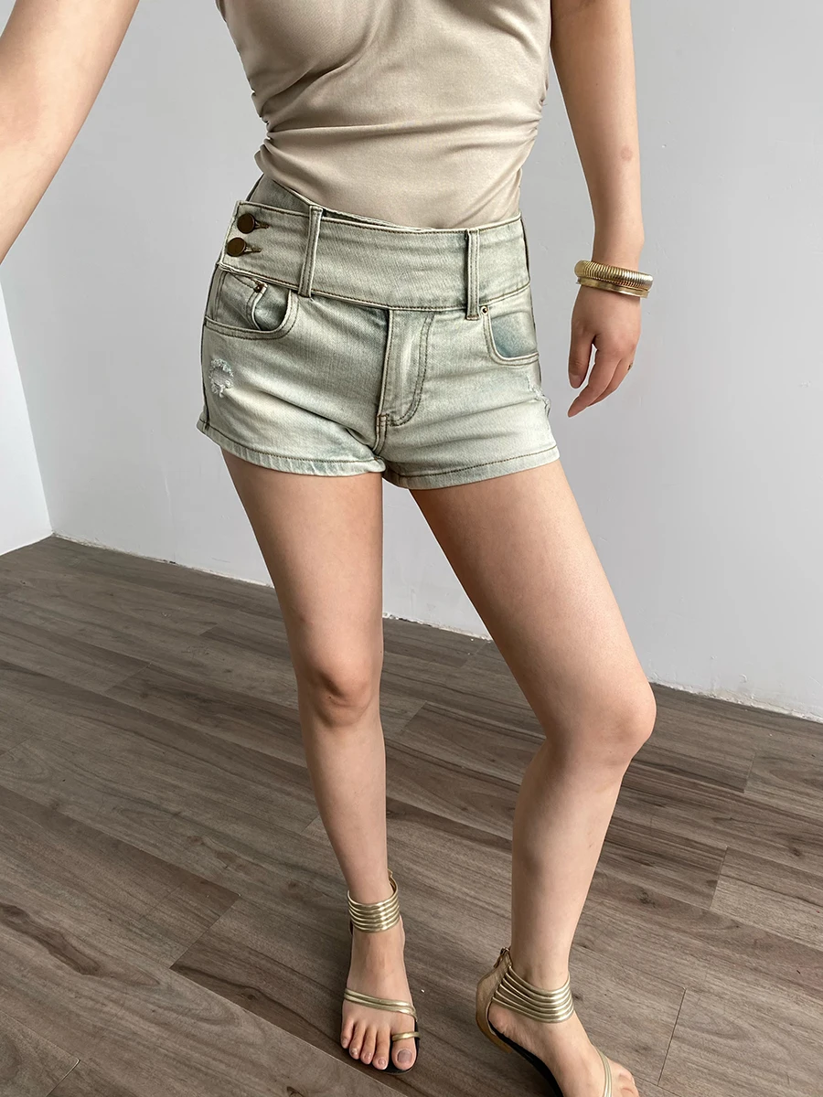 

Джинсовые шорты с высокой талией, А-силуэт, в американском винтажном стиле, двойной синий деним, от AcupStudio Jiangyou, летняя коллекция