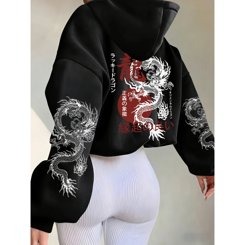 Orientalischer Drachen-Hoodie, japanische Ästhetik, grafisches Design an den Ärmeln, Unisex, Harajuku-Streetwear, Pullover mit Kapuze, Sweatshirt für Männer und Frauen. – Detail 2