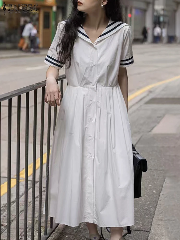 

ZANZEA Women Mid-Calf Dress Summer Sundress Casual Loose Short Sleeve Robe 2025 Peter-Pan Collar Stripe Patchwork Vestidos