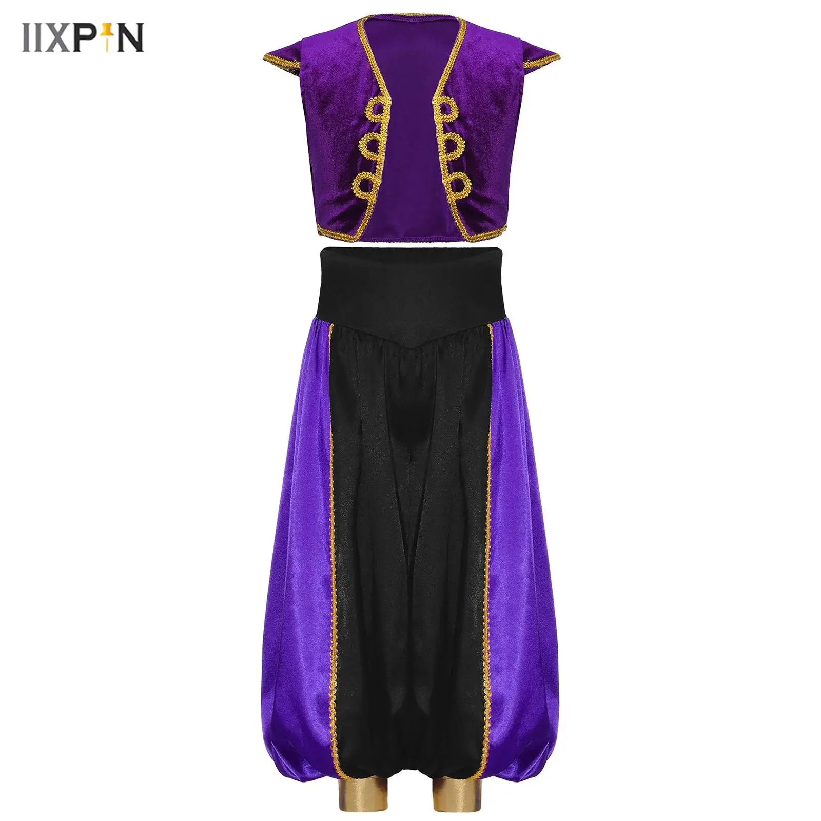 

Boys 2Pcs Arabian Prince Costume Cap Sleeve Braided Trimming Vest with Loose Color Contrast Pants for Halloween Party Cosplay
