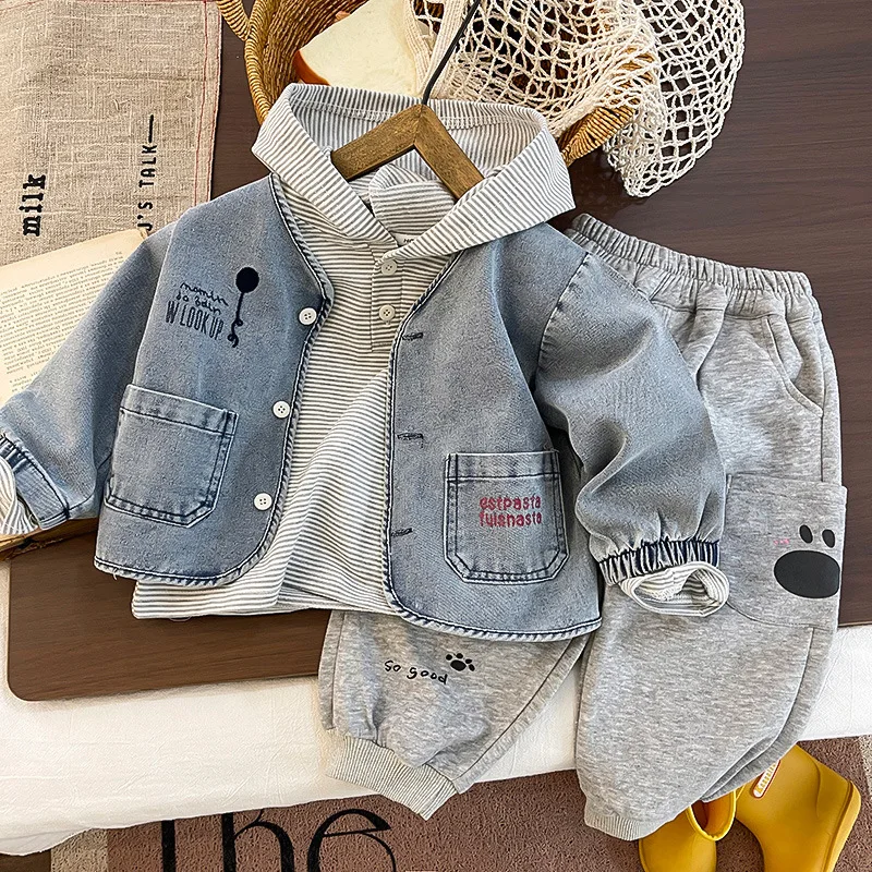 

New Autumn Baby Clothes Children Boys Denim Coat Hooded Pants 3Pcs/Set Toddler Girls Clothing Infant Costume Kids Tracksuits