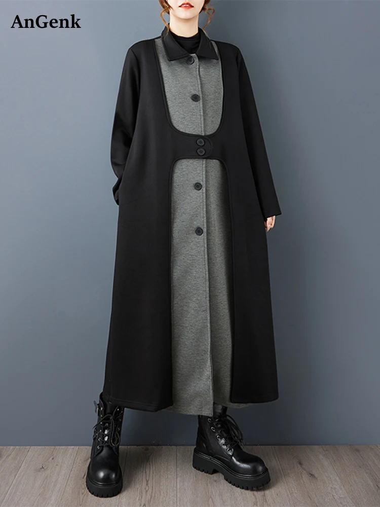 

Винтажный черный длинный плащ в стиле пэчворк большого размера для женщин, повседневная свободная модная верхняя одежда, весна-осень-зима 2025