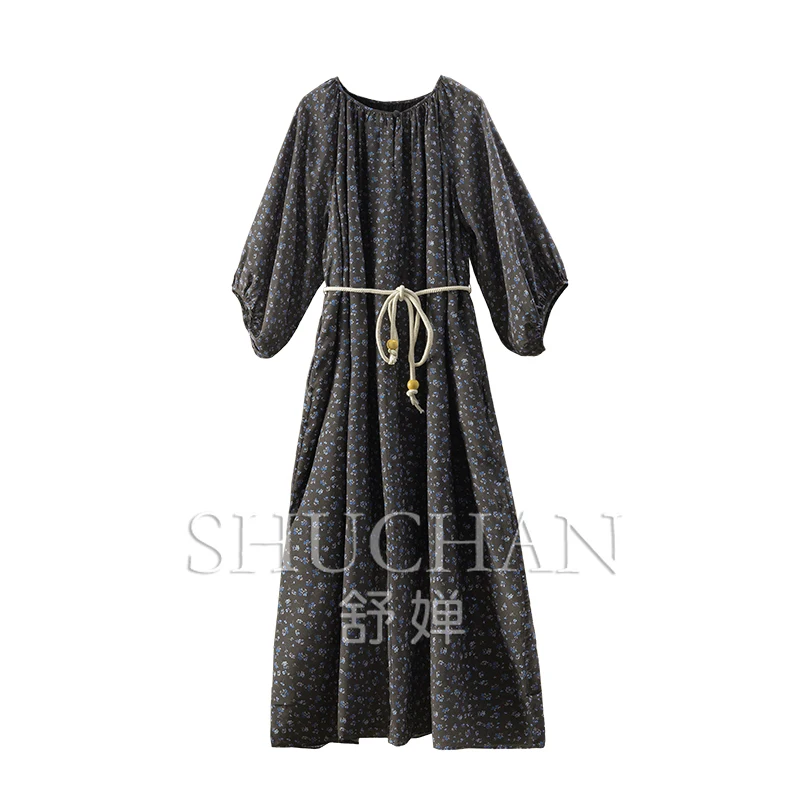 

Natural Silk Print 2025 Early Spring Lantern Sleeve Long Dress Women Vintage Dress Vestidos De Mujer Invierno