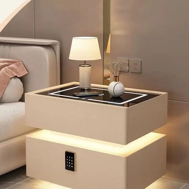 Suspended bedside table Modern simple cream wind solid wood smart wireless charging Bluetooth speaker password lock bedside