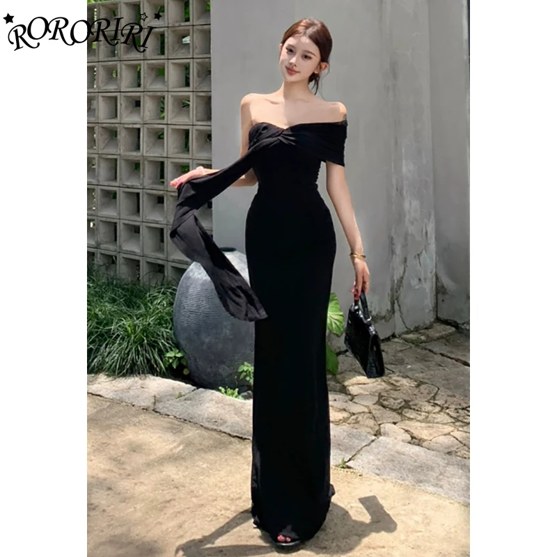 

RORORIRI One-shoulder Belt Desire Corset Dress Women Solid Draped Pleated Slim Stretch Bodycon Long Dress Vintage Summer Clothes