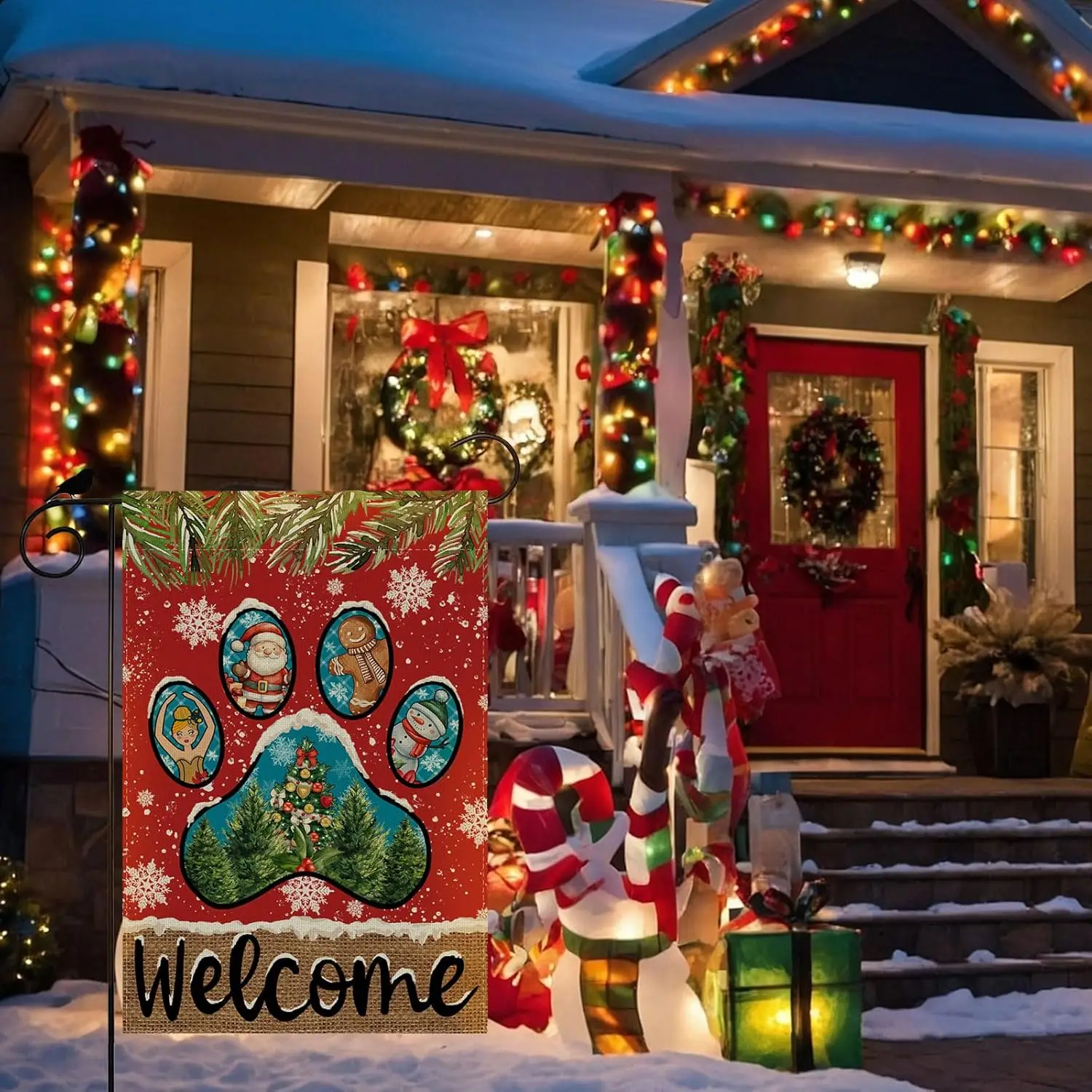 Welcome Christmas Garden Flag Dog The Nutcracker Santa Gingerbread Man Snowmans Trees Xmas Winter Yard Flag 12x18 Inch Doubl KZA