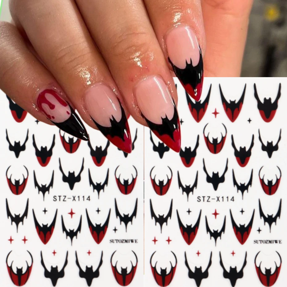 Halloween Bat Nail Art Stickers 3D Black and Red Bat French Design French-Style Bat Adhesive Decals Suitable for Nail Art DIY
