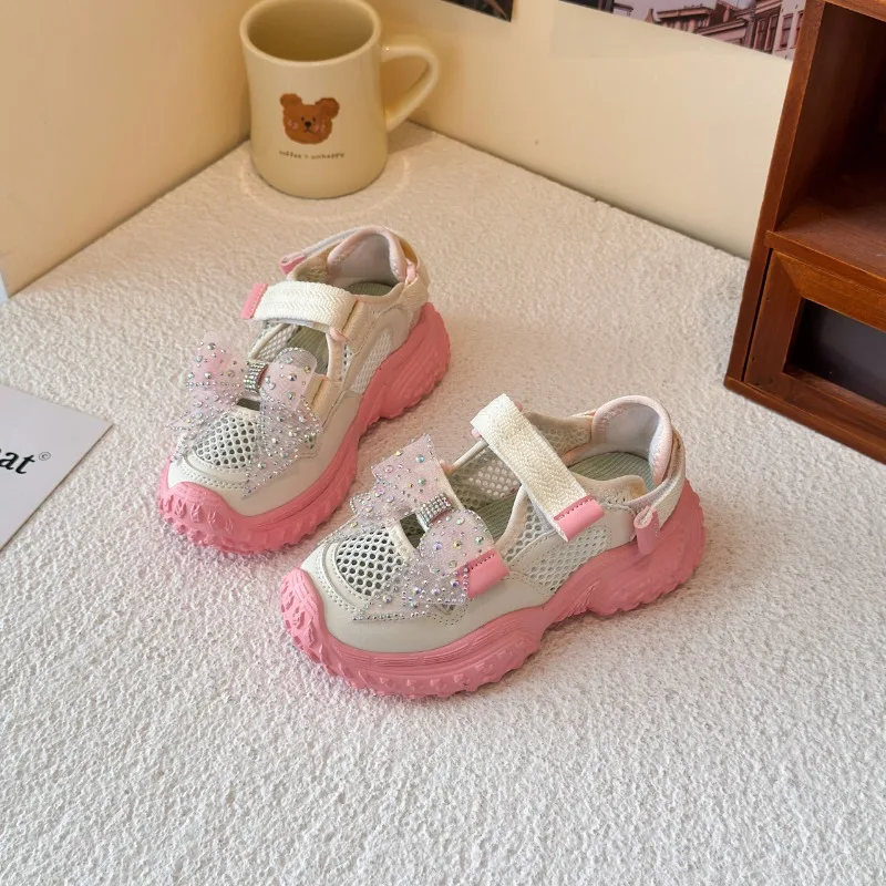 Girls Sparkly Sneakers Rhinestone Bow Shoes Kids Bling Princess Casual Shoes Breathable Mesh Sport Trainers