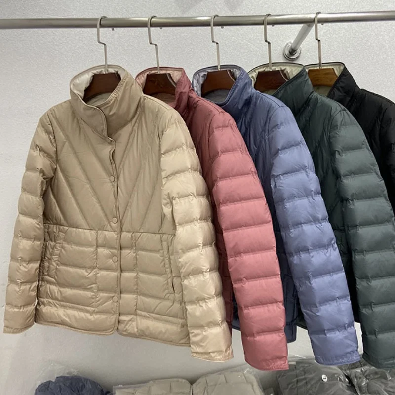 Two-Sided Women Single Breasted Warm Down Jacket Parkas Autumn Winter Light Thin White Duck Down Coat Lady Short Puffer Outwears