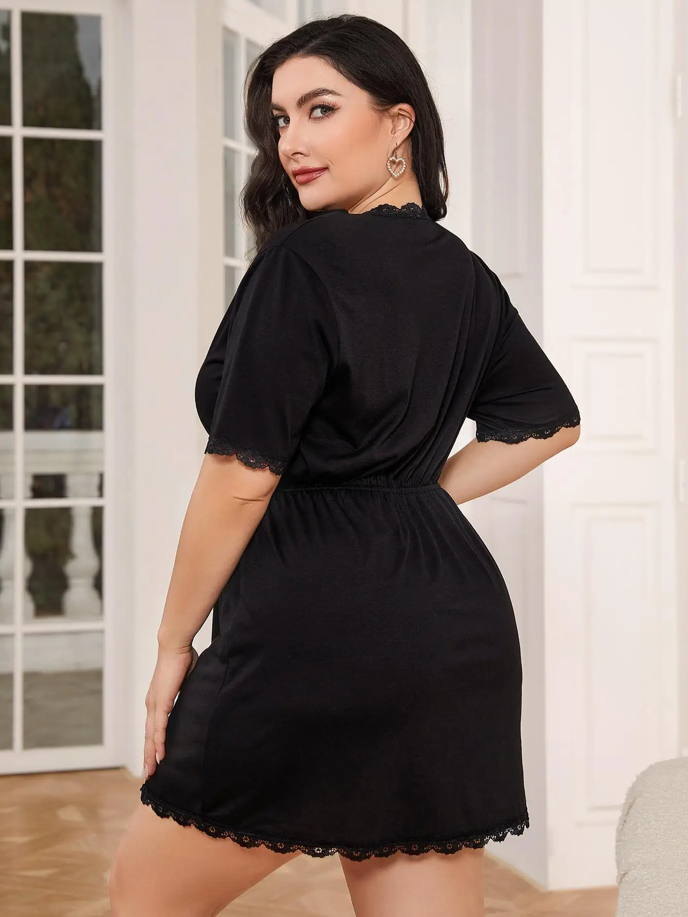 Summer Women pajama Plus Size night dress Sexy V-neck lace black house wear