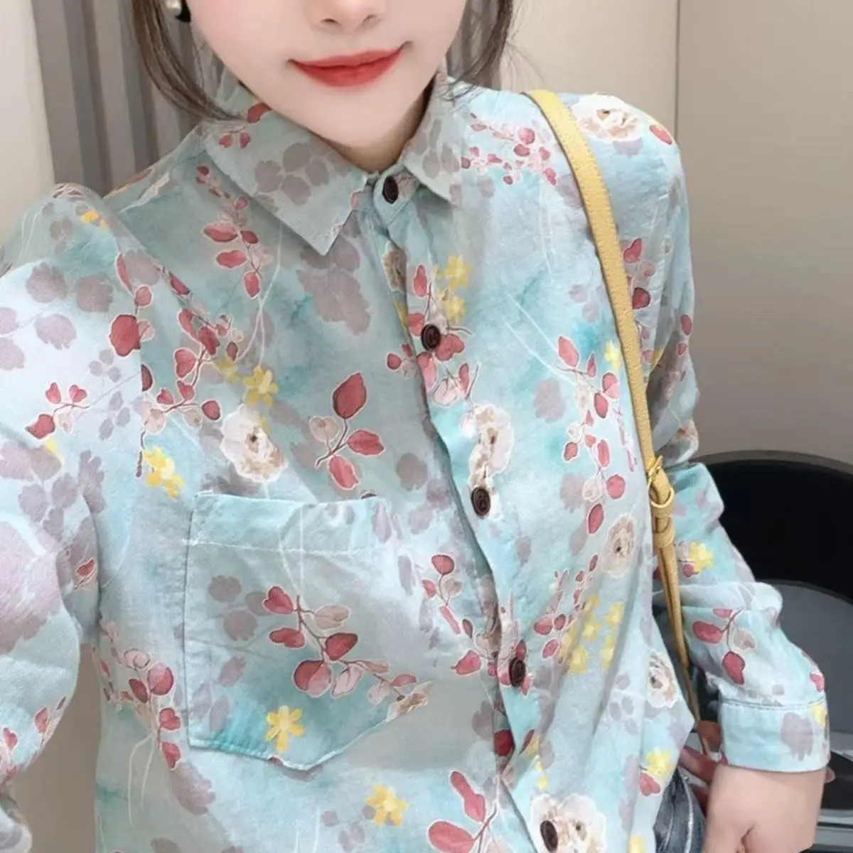 

Ретро-рубашка с длинным рукавом, тонкая, женская, свободного кроя, повседневная, с эффектом похудения, с воротником, в европейском стиле, весенняя модная женская рубашка