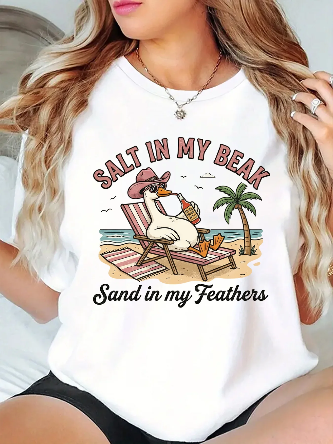 Beach Duck Salt In My Beak Sand In My Feathers Palm Tree Graphic Womens T Shirt Short Sleeve Crew Neck Casual Ladies Tee Tops