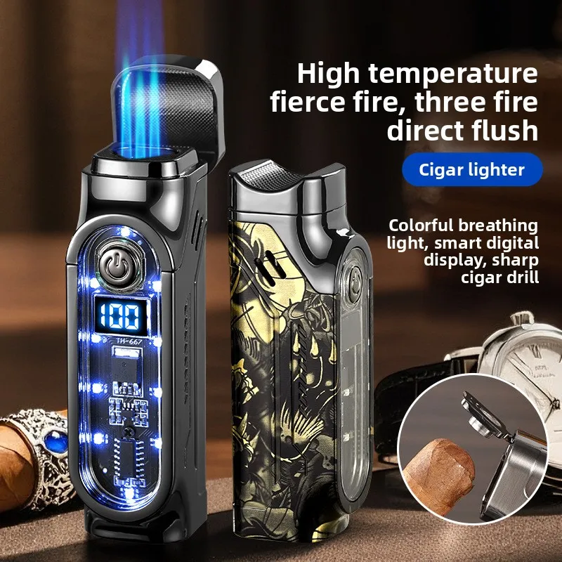 

Touch Sensor Triple Jet Flame Cigar Lighter High Temp Windproof Refillable Gas Lighter for Outdoor Use