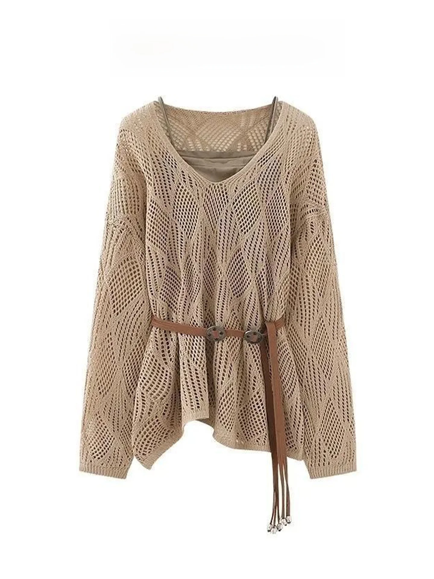 Ladies Hollow out Knitted Top Waist Cord Sun Protection Vest Two Piece Set Summer Casual Wear Comfortable Medium Thickness