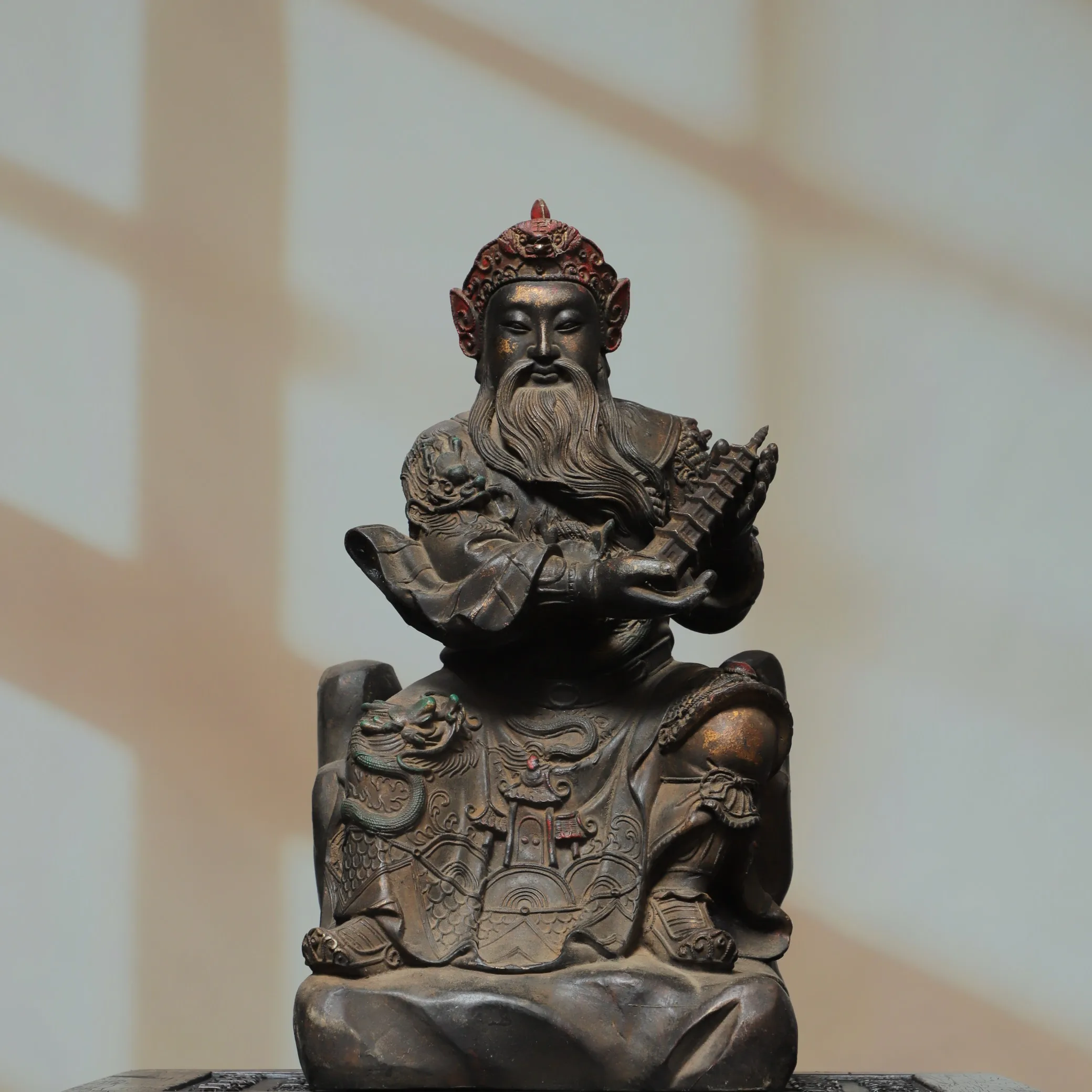 16"China Collections Old Bronze Gilded Cinnabar Tota Kings  Li Tianwang Naza's father Sitting Buddha Worship Hall Town house