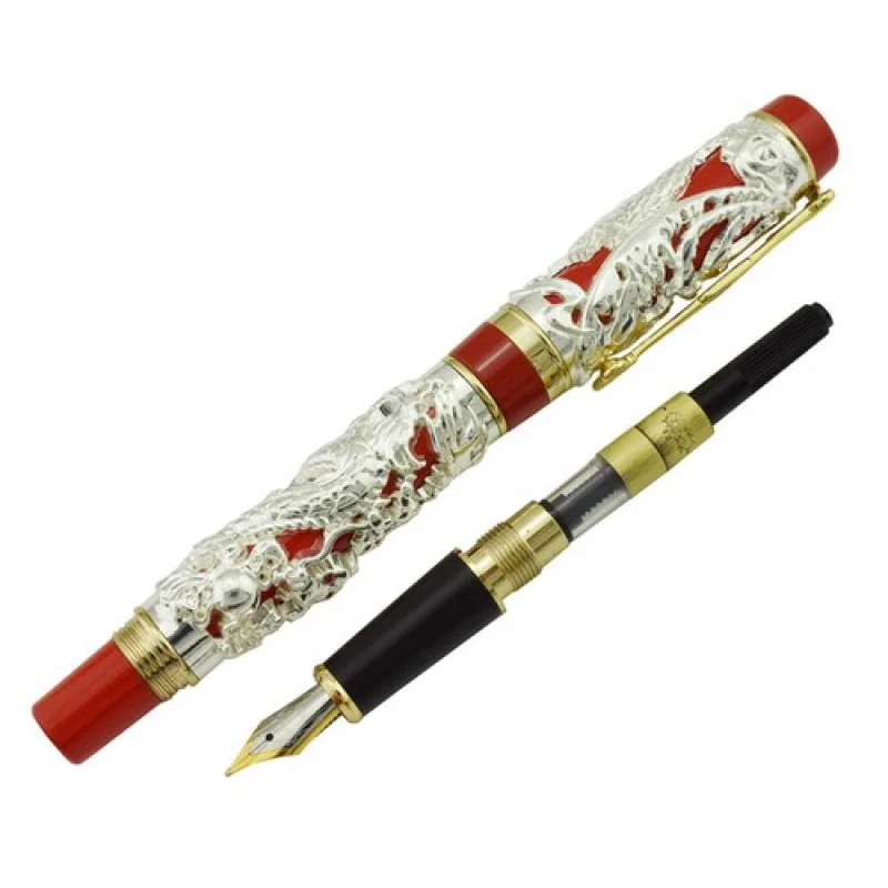

A+ Jinhao Dragon Phoenix Vintage Fountain Pen, Luxurious Carving Pen, Silver Red