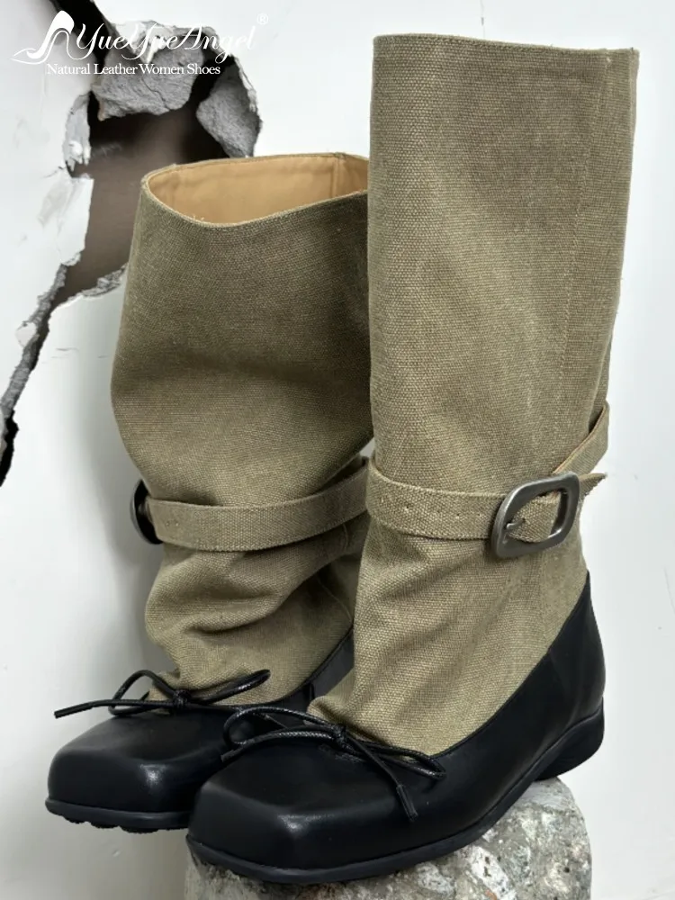 

Korean Style Genuine Leather Square Toe Platform Bow Ankle Boots Patchwork Color Handmade Cowhide Buckle Strap Female Footwear
