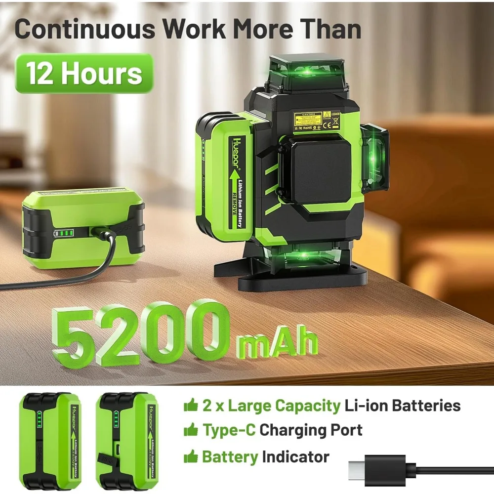 Laser Level, Self-leveling 16 Lines Green Beam 4D Cross Line Tiling Floor Laser Tool-2 x 360 Horizontal