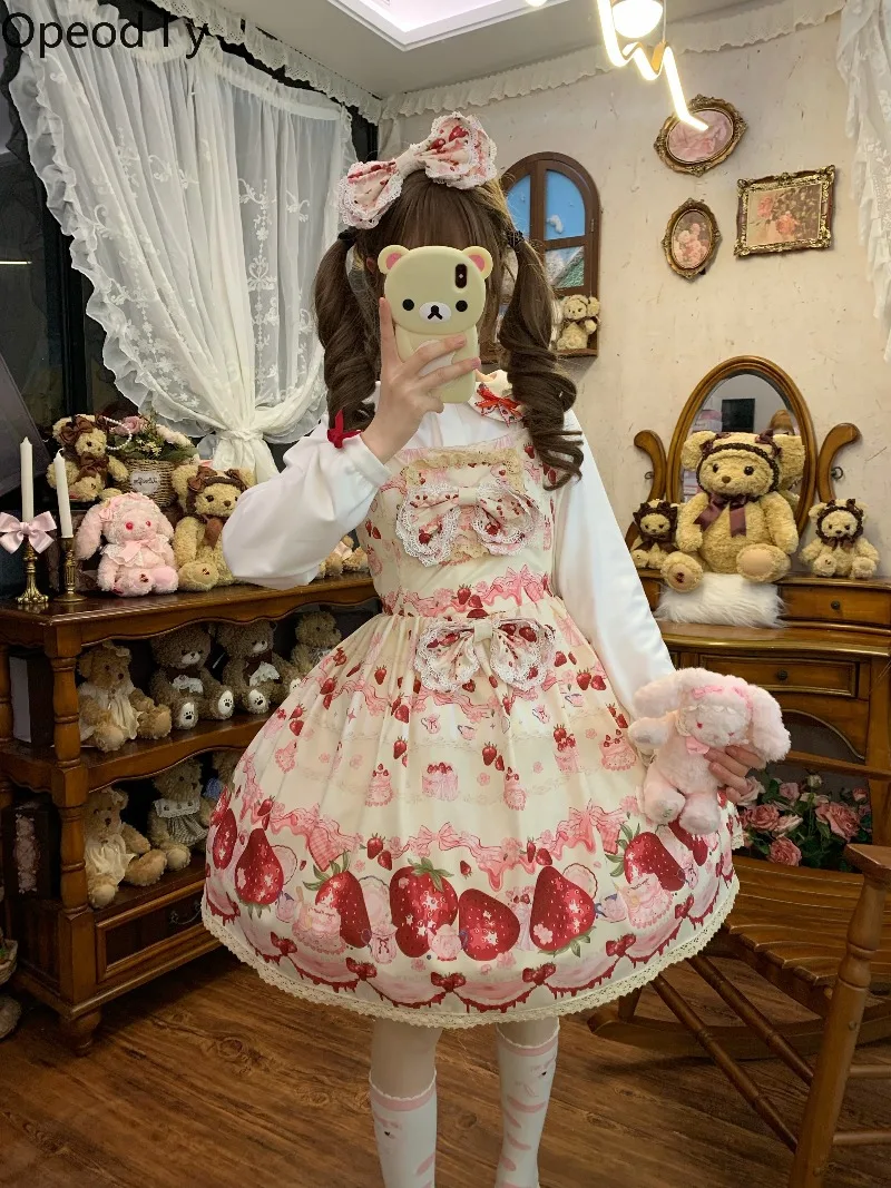 

Lolita Original Design Strawberry Print Cute Jsk Suspender Dress Japanese Girl Doll Feeling Daily Casual Sweet Lo Dress