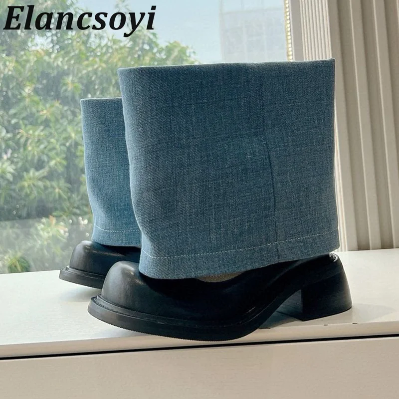 Fashion Genuine Leather Patchwork Jeans Tube Boots Women's Round Toe Square Heel Short Boots Spring British Style Chelsea Boots