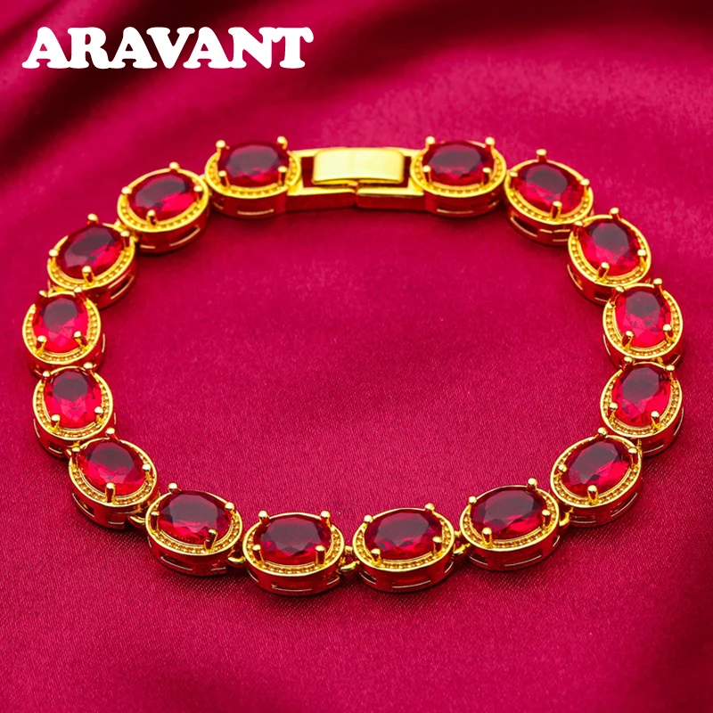 

ARAVANT 925 Silver 18K Gold Oval Red Zircon Bracelets Chains For Women Fashion Jewelry