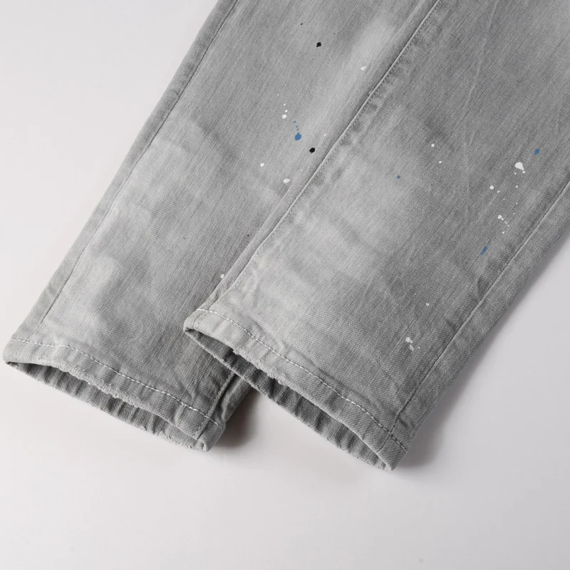 Fashionable new men's gray jeans, painted, washed, nostalgic, stretchy, slim fit jeans, hip-hop brand pants Y2K
