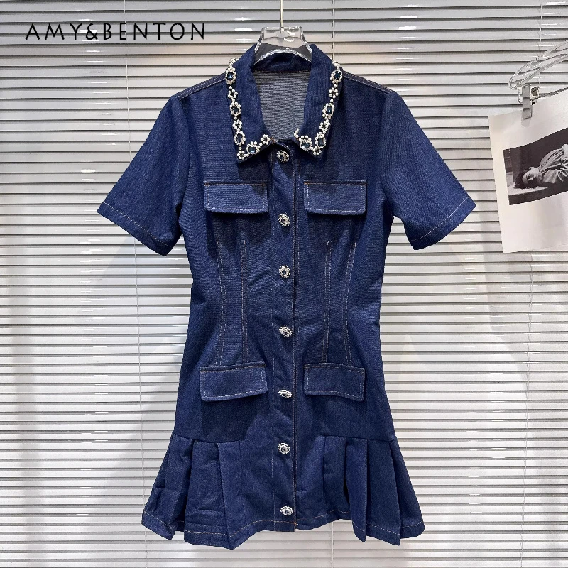

2026 Chic Stylish Women's Denim Dress Original Design Blue Heavy Industry Pearl Studs Rhinestones Short Sleeves Dresses Ladies