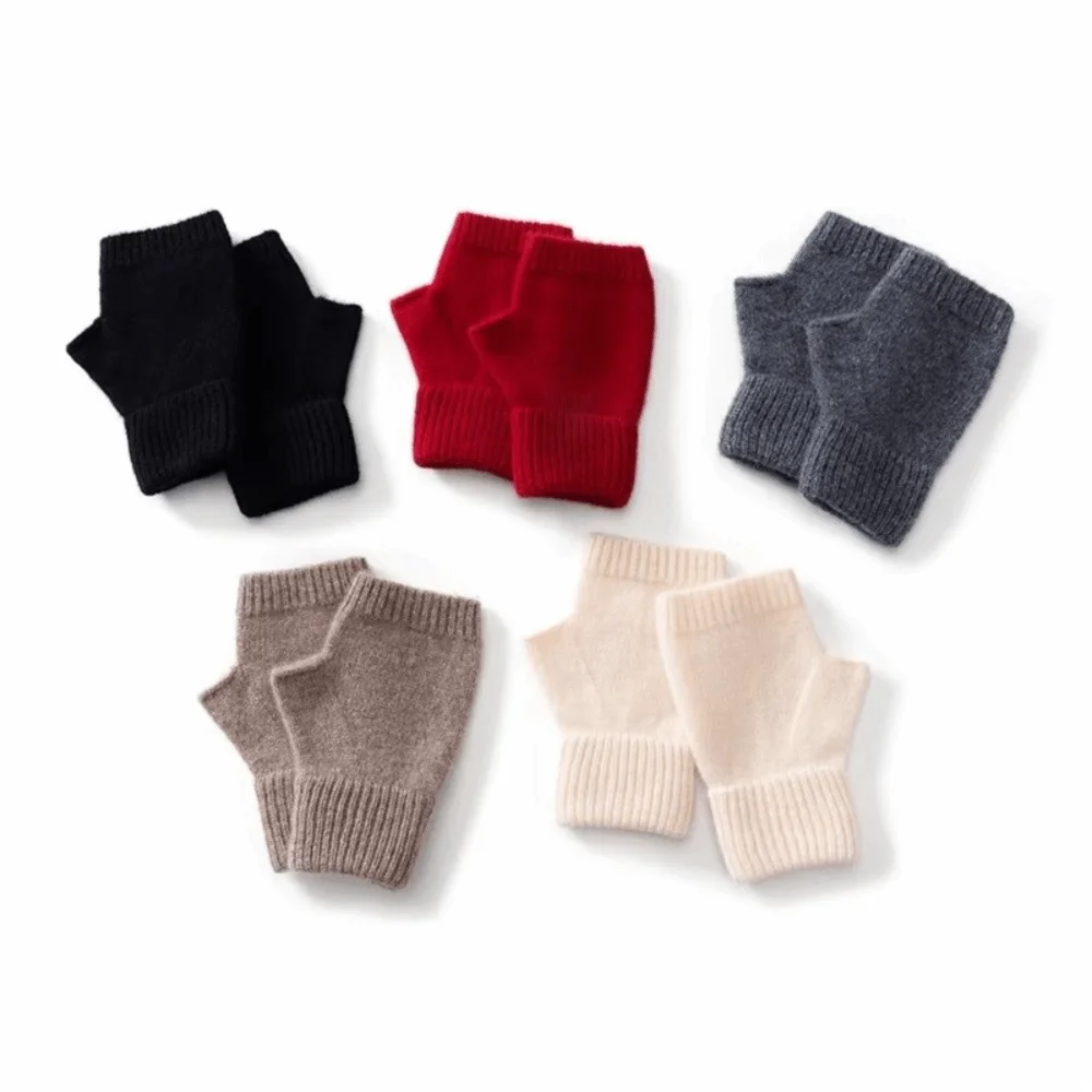 Cute Solid Color Knitted Gloves Soft Thicken Half Finger Gloves Wool Short Mittens Writing