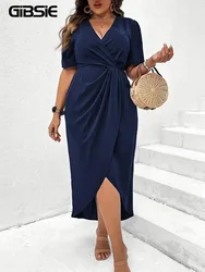 GIBSIE Plus Size Elegant Deep V-neck Wrap Hem Solid Dress Women Summer Short Sleeved High Waist Casual Long Dresses For Women