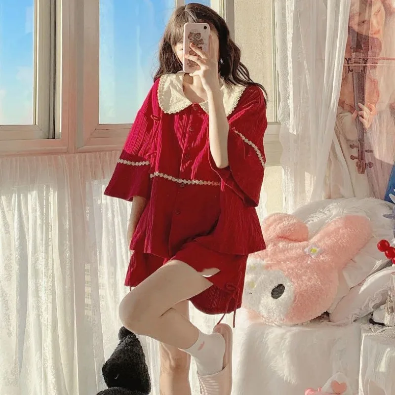 Sweet Sleepwear Women Two Pieces Short Sleeve Cardigan Shorts Japanese Pajama Sets Kawaii Baby Neck Loungewear Red Nightwear